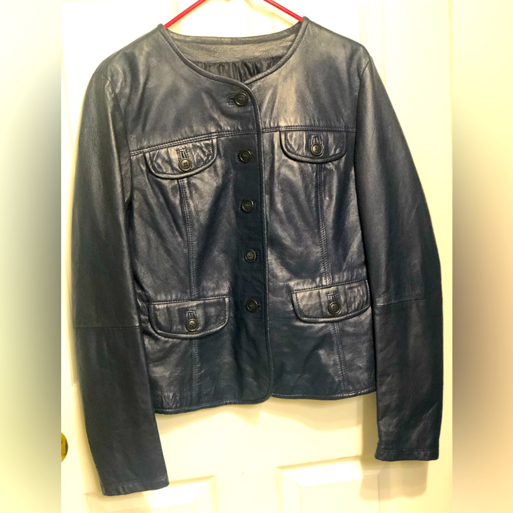 Like New Genuine Italian Leather Navy Blue Jacket European Xl ( us 8)